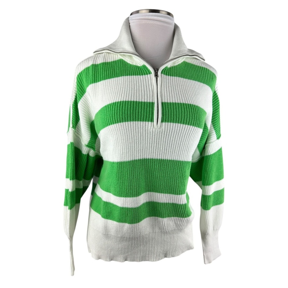 Aerie Green White Striped Beyond Quarter Zip Sweater Preppy Rugby Nautical Large - Picture 16 of 16